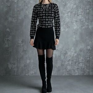 GUESS All Over Monogram Logo Black & White Knit Pullover Long Sleeve Sweater